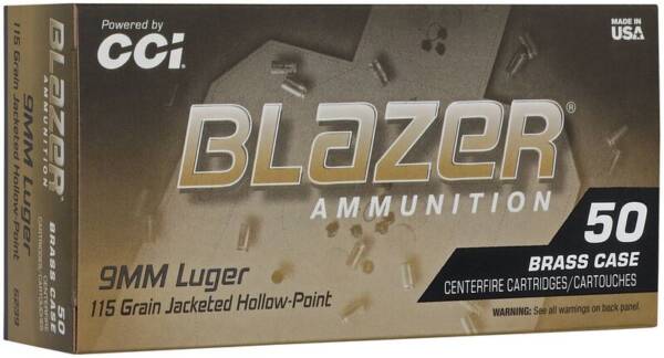 CCI 9MM LUGER 115GR BLAZER BRASS JHP 50 RD/BX 10 BX/CS