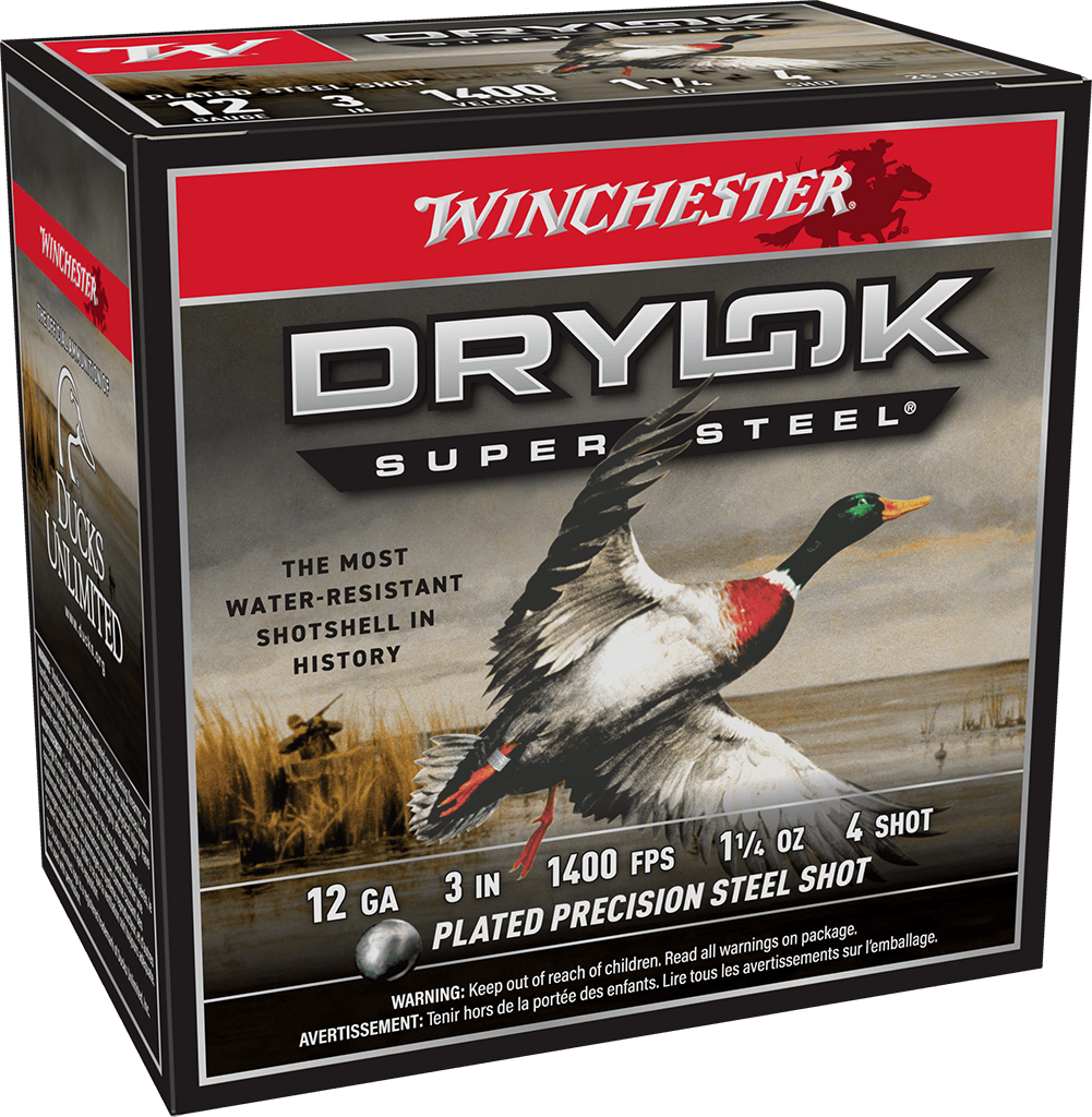 WINCHESTER DRYLOK SUPER STEEL 12 GA 3" #4 1-1/4 OZ 25 RD/BX 10 BX/CS WINCHESTER DRYLOK SUPER STEEL 12 GA 3" #4 1-1/4 OZ 25 RD/BX 10 BX/CS